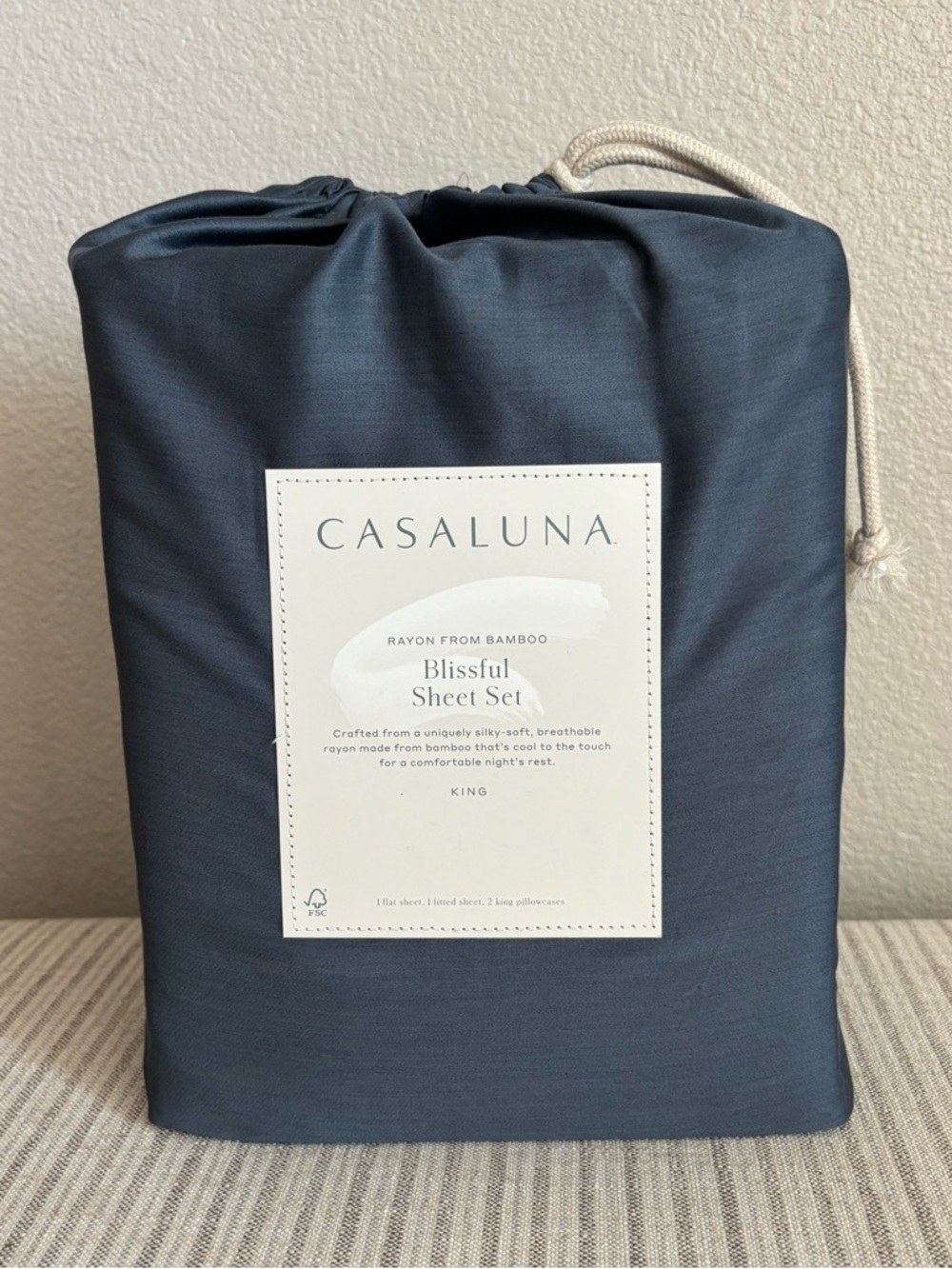 NWT King 400 Thread Count Rayon from Bamboo Sheet Set Dark Mineral Blue Casaluna
